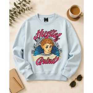 Genuine Authentic Garments Sweatshirt Mens L Light Blue Hustle Grind Crewneck
